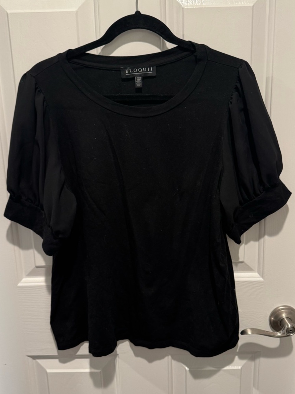 Eloquii Black Puff Sheer Sleeve Crewneck Top Size 14/16